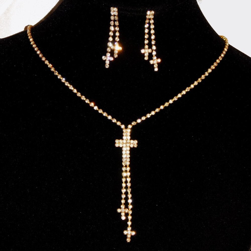 Bridal Cross necklace and Earrings Set in Gold Tone Rhinestone Crystal  / 14869